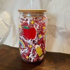 Apple, Pencil, Rainbow Glass Cup w/ Bamboo lid & Straw